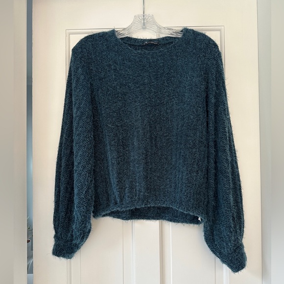 LAST CHANCE! Zara Turquoise Teal Crewneck Cabincore Boxy Sweater Size Medium - Picture 1 of 6